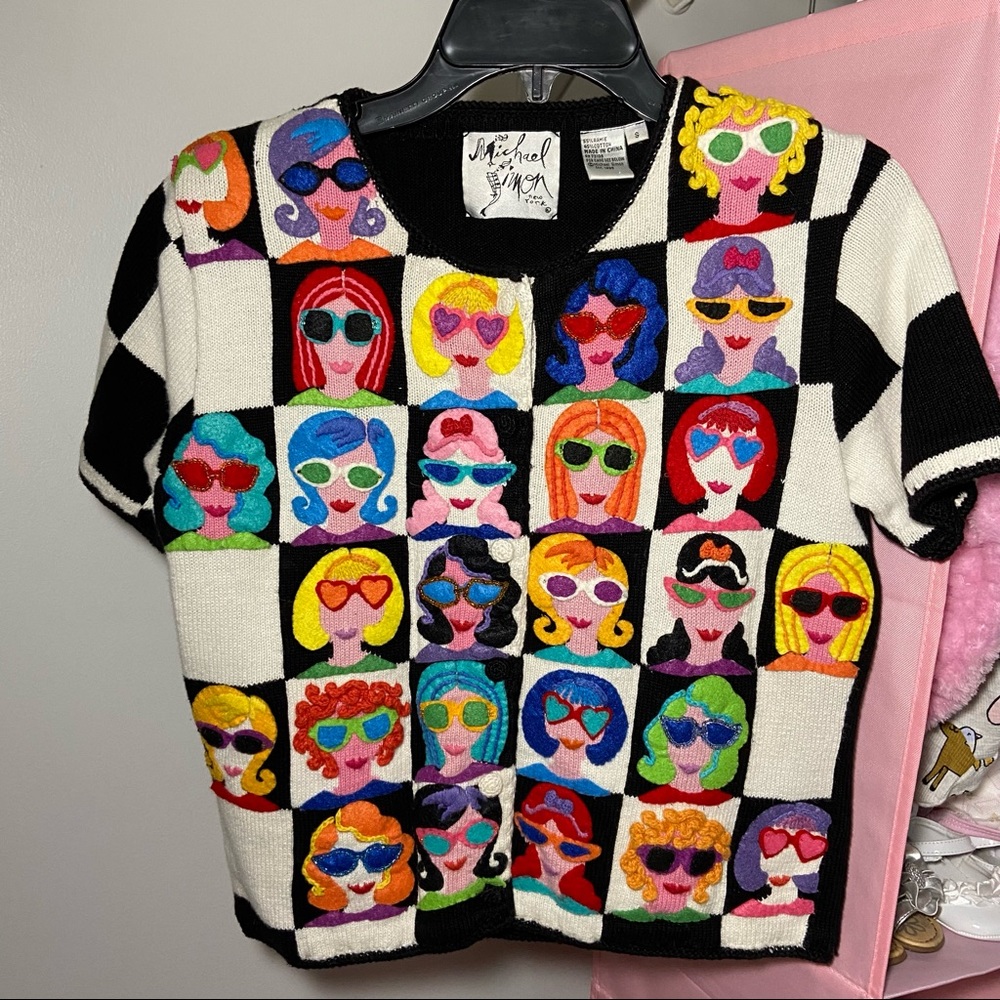 Michael Simon Sweater Colorful Abstract Woman Face Sunglasses Colorful Sz Small